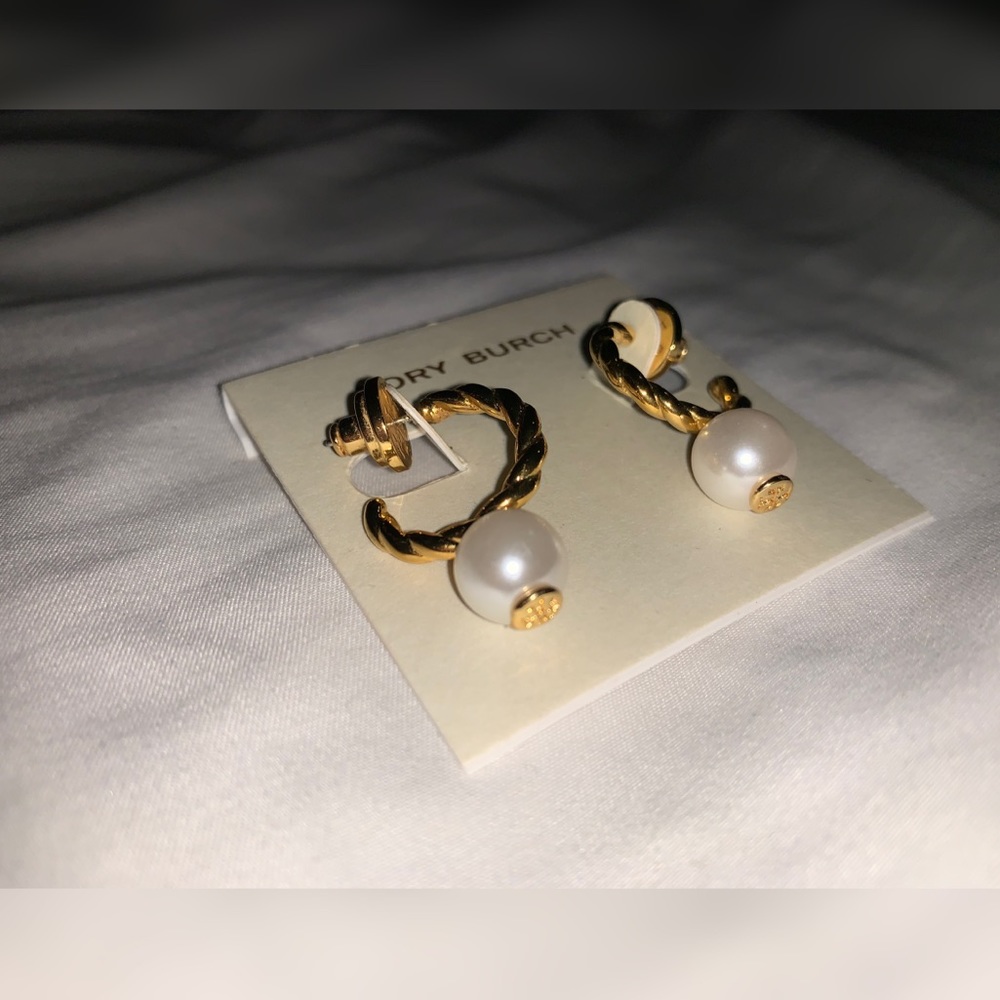 Tory Burch Gold Tone twisted pearl with logo drop